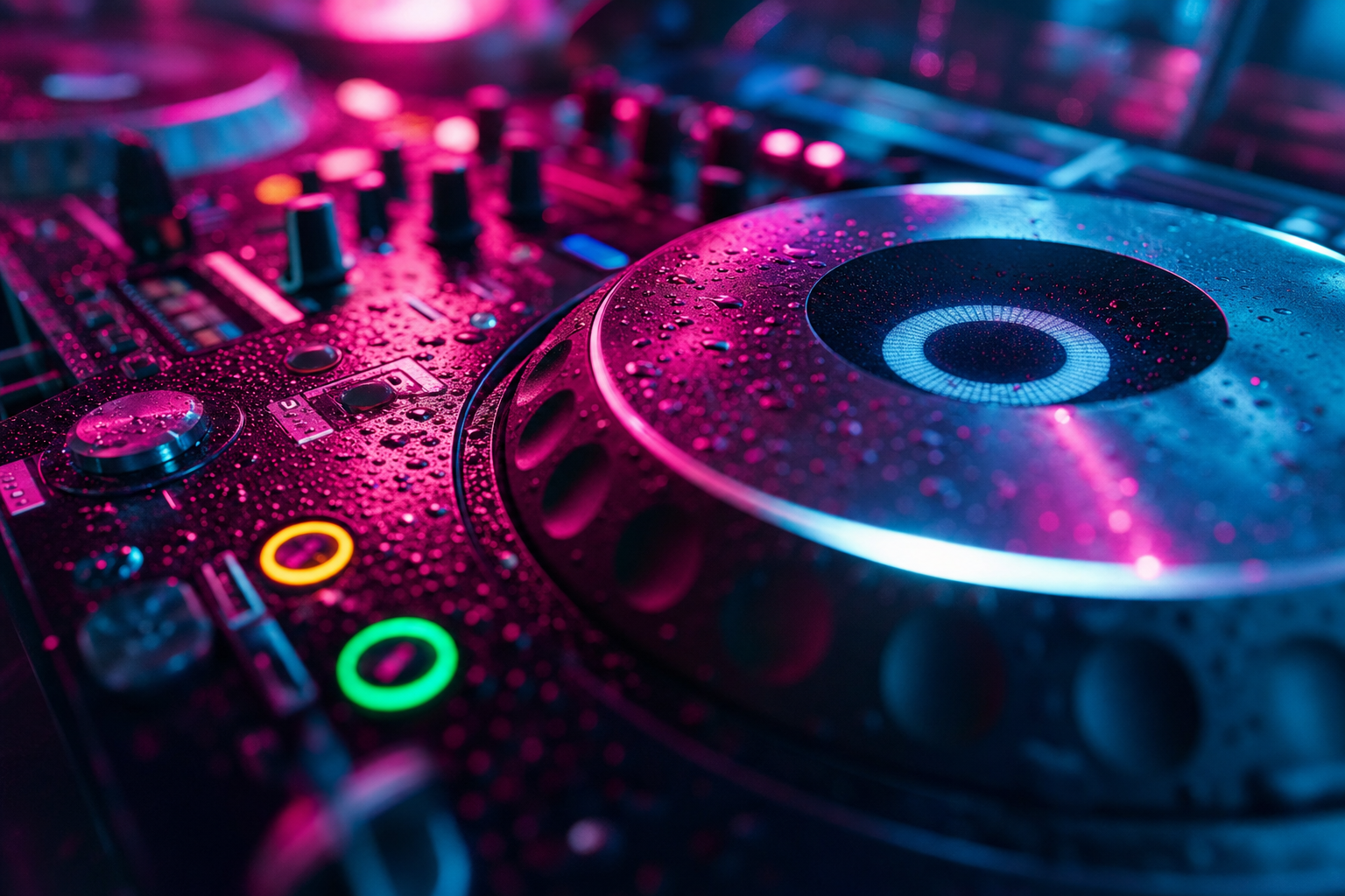 Close-up of professional DJ turntables glowing under neon light