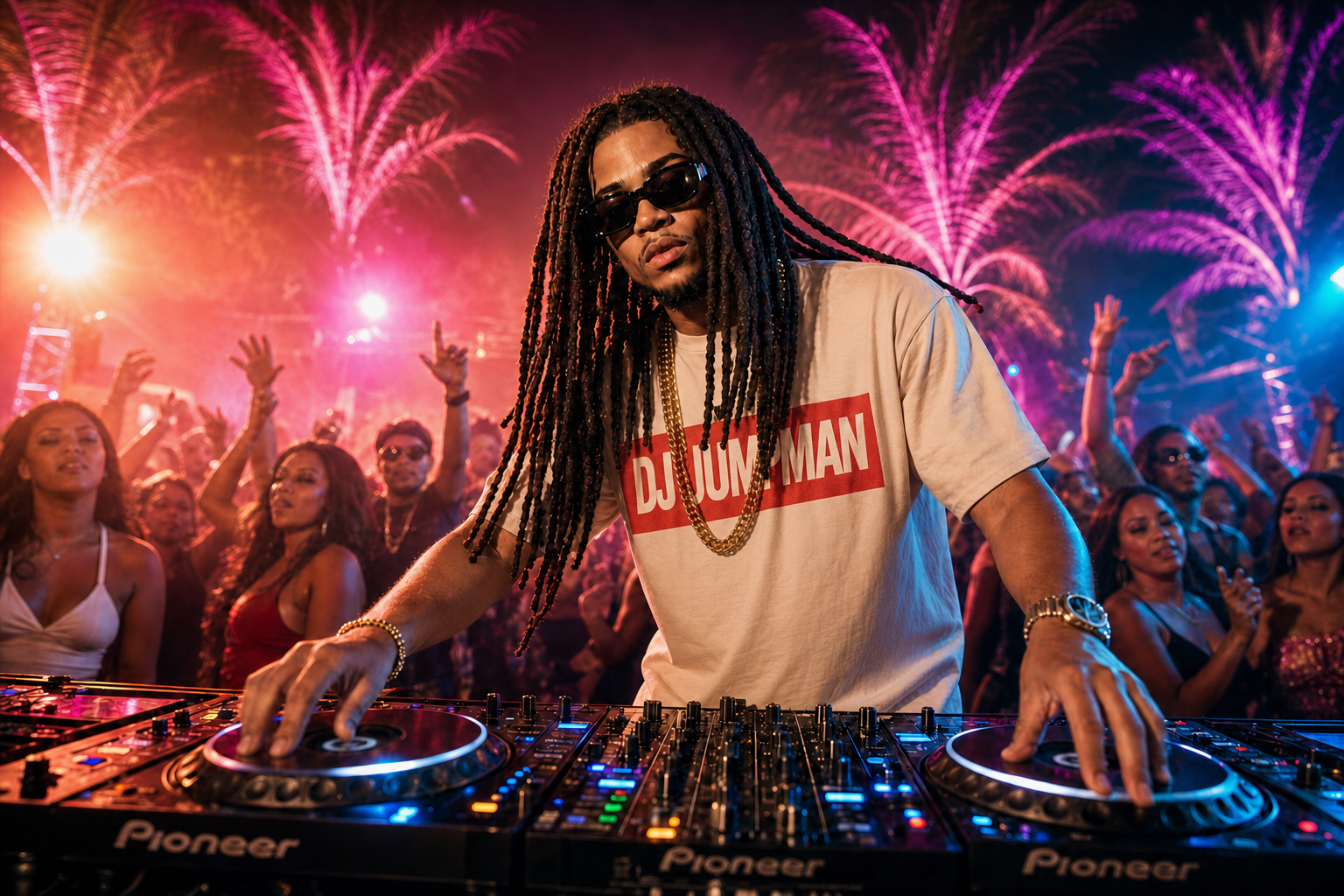 DJ Jumpman working the Pioneer decks with long dreadlocks, packed Latin nightclub crowd with hands up, magenta and cyan stage lights